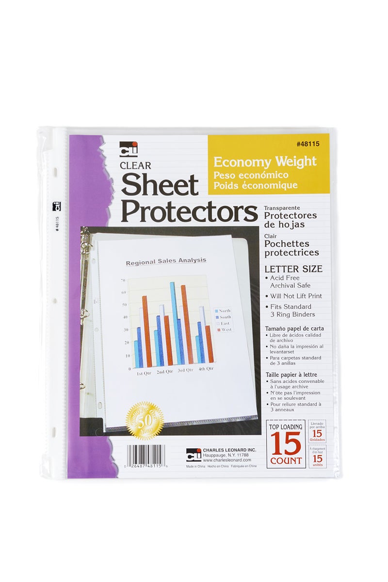 Charles Leonard Sheet Protectors, Top Loading with Binder Holes, 2 Mils Economy Weight, Letter Size, Clear, 15-Pack (48115) - Image 2